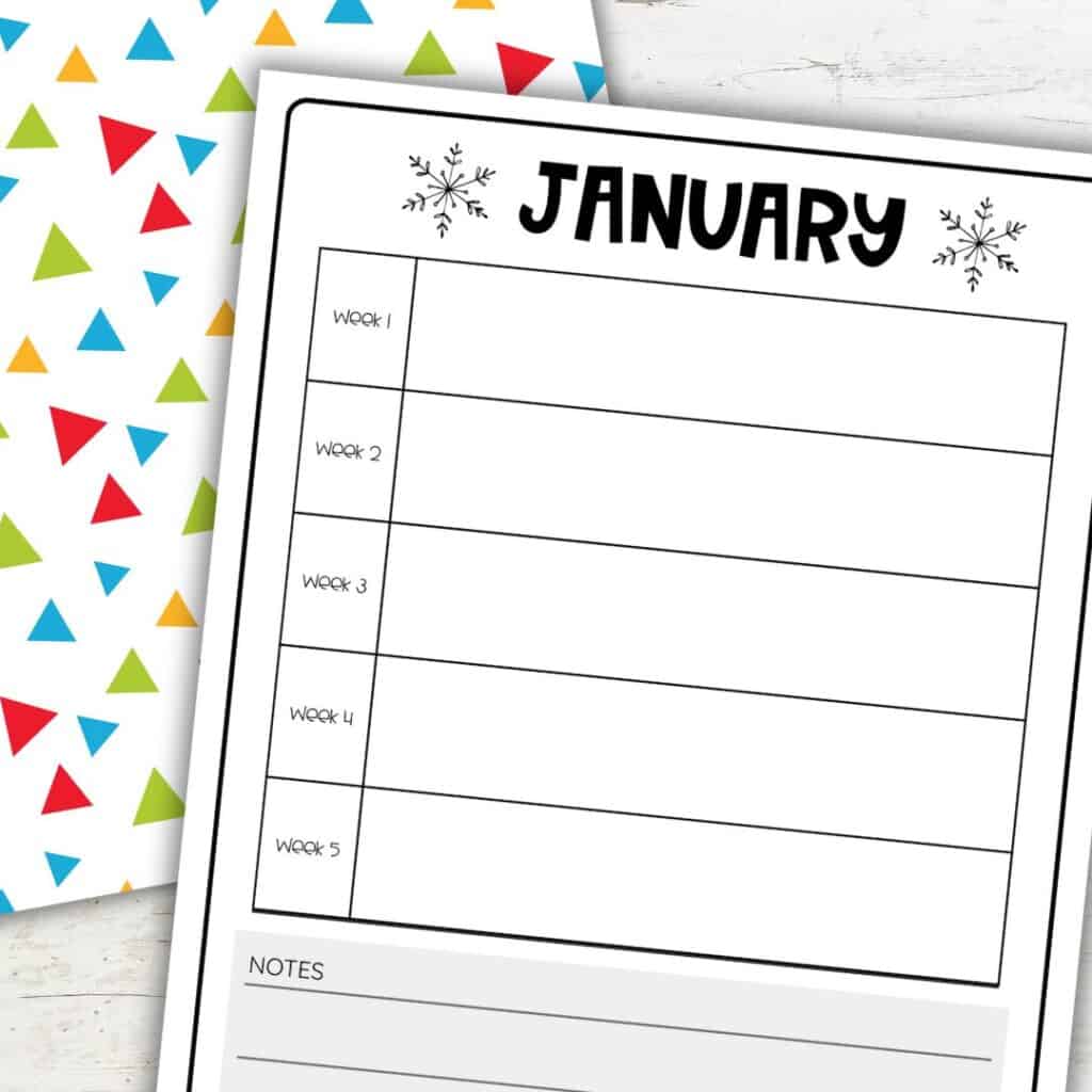 January preschool themes planner page with weekly boxes and notes section.