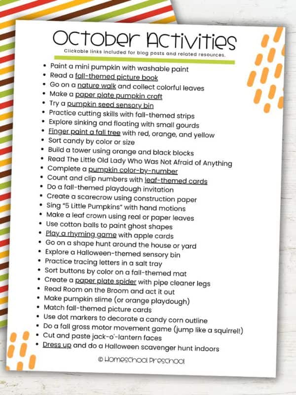 Preschool Activity Calendar for October