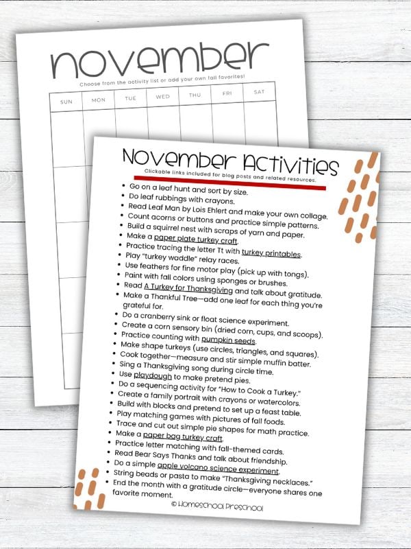 Preschool Activity Calendar for November