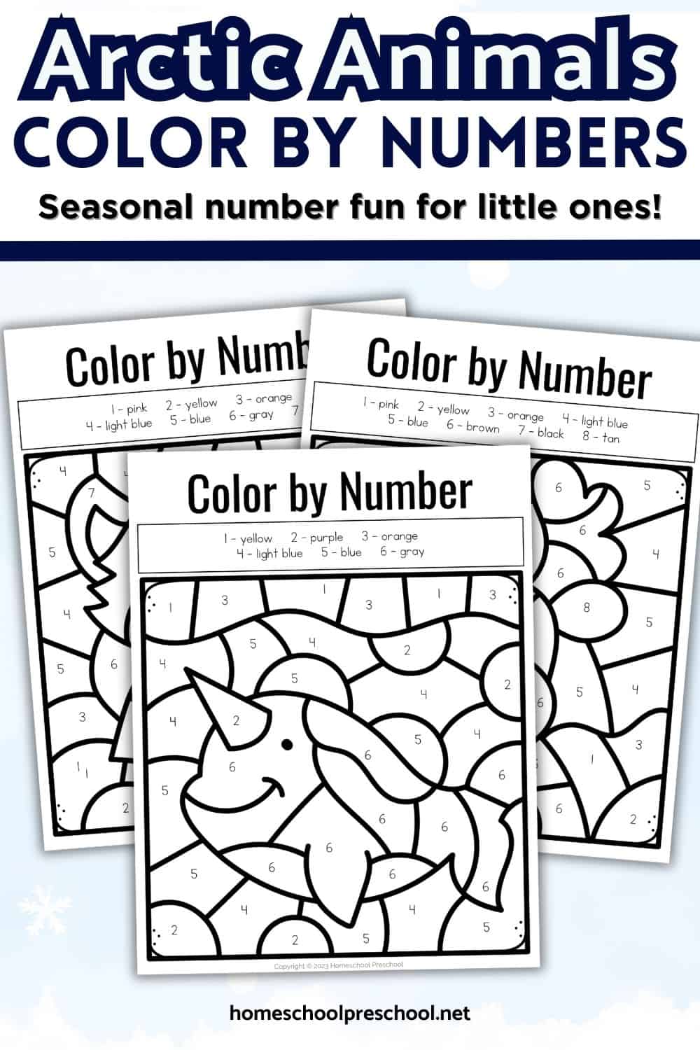 Arctic animals color by number worksheets for preschool featuring polar bear, arctic fox, snowy owl, narwhal, walrus, puffin, moose, and arctic hare