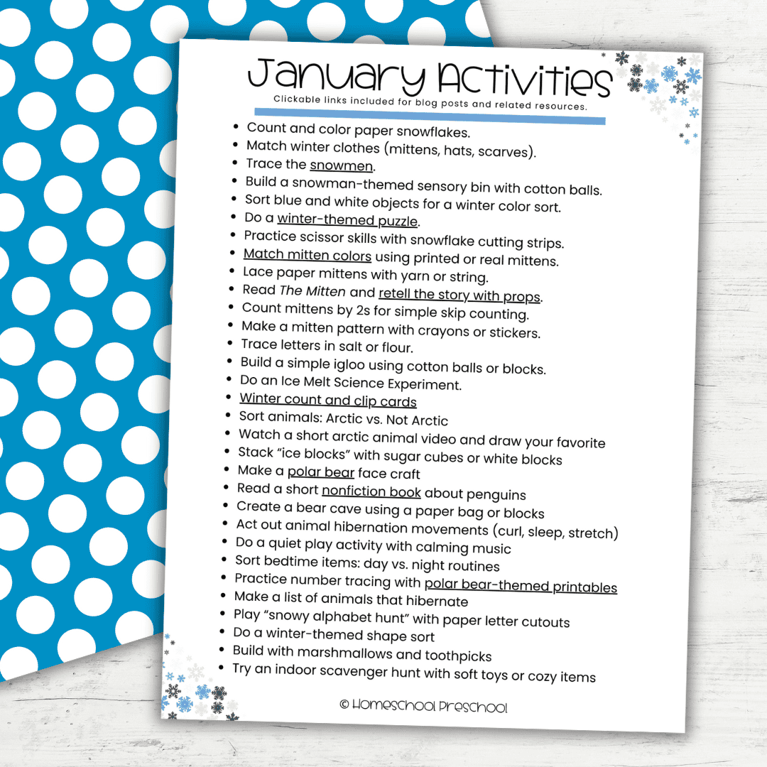 January Preschool Activity Calendar (Free Printable!)