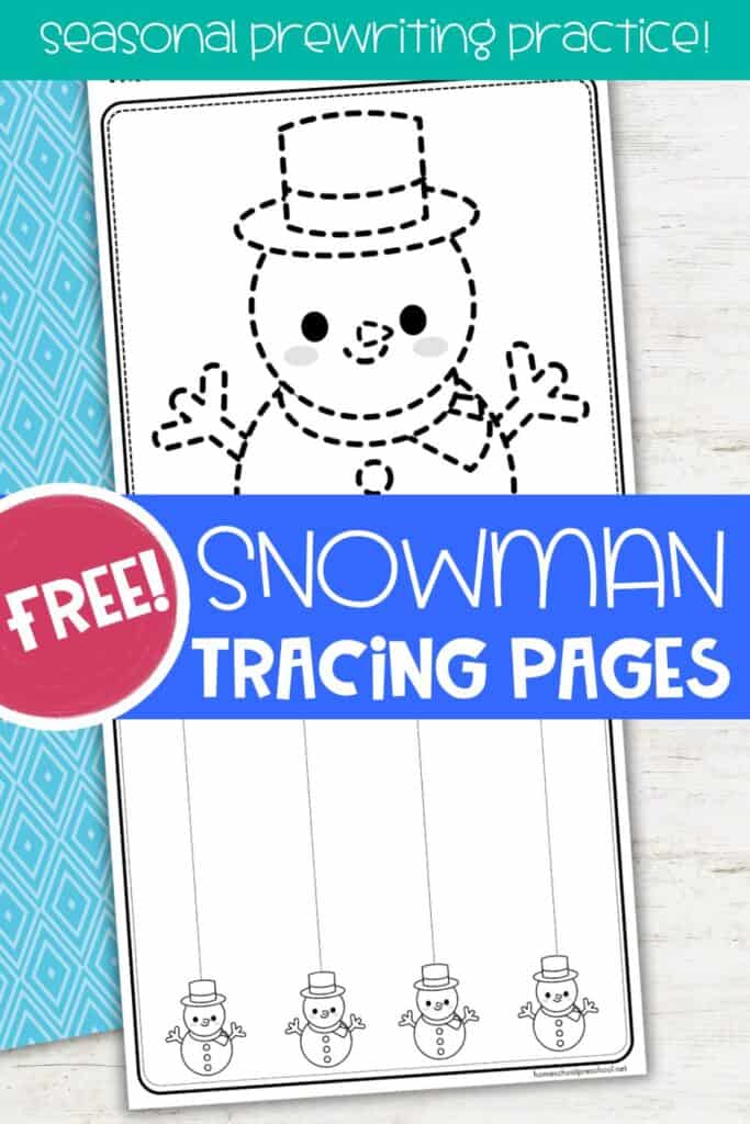 Free snowman tracing pages for preschool featuring dotted outlines and vertical lines for winter pre-writing and fine motor practice
