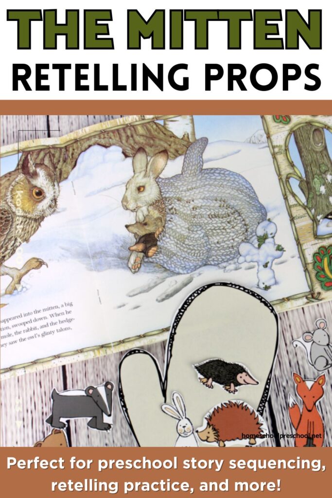 The Mitten retelling props with Jan Brett book illustration, showing animal pieces used for preschool storytelling and sequencing practice.