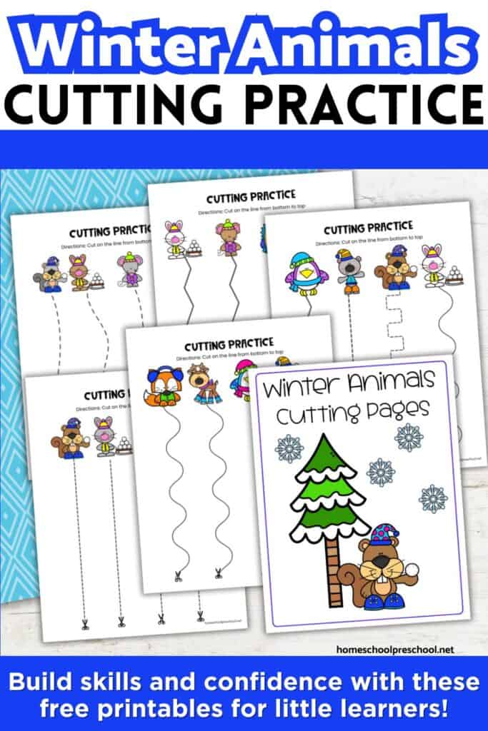 Winter animals cutting practice worksheets for preschool showing multiple pages with scissor lines, winter animal illustrations, and a cover page for fine motor skills.