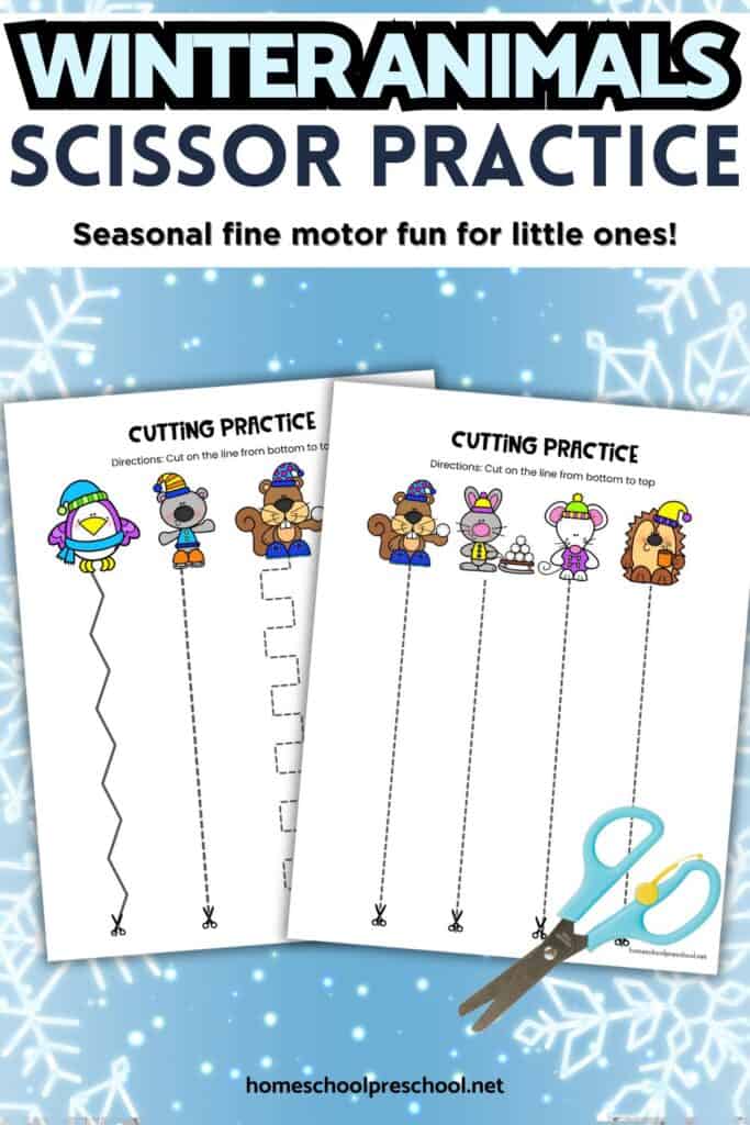 Winter animals scissor practice worksheets for preschool featuring penguins, bears, and other animals with cutting lines and child-safe scissors displayed.