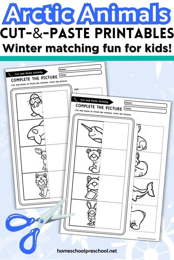 Arctic animals cut and paste printable showing preschool worksheets with winter animal matching pieces, scissors skills practice, and fine motor activity pages.