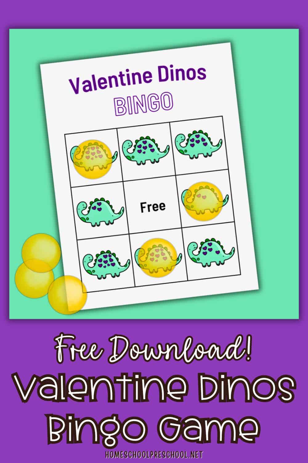 Valentine dinos bingo game printable with cute dinosaur markers and “Free Download” text