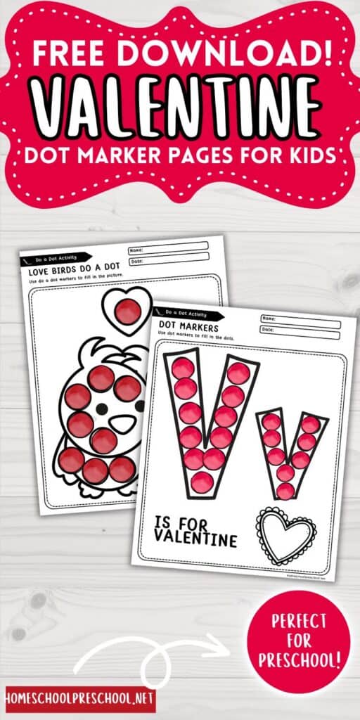 Free Valentine dot marker pages for preschool featuring letter V and love bird worksheets designed for fine motor skill practice.
