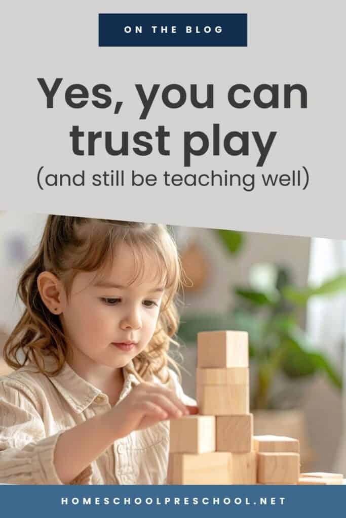 Young preschooler concentrating while building with wooden blocks - play-based homeschool preschool learning at home