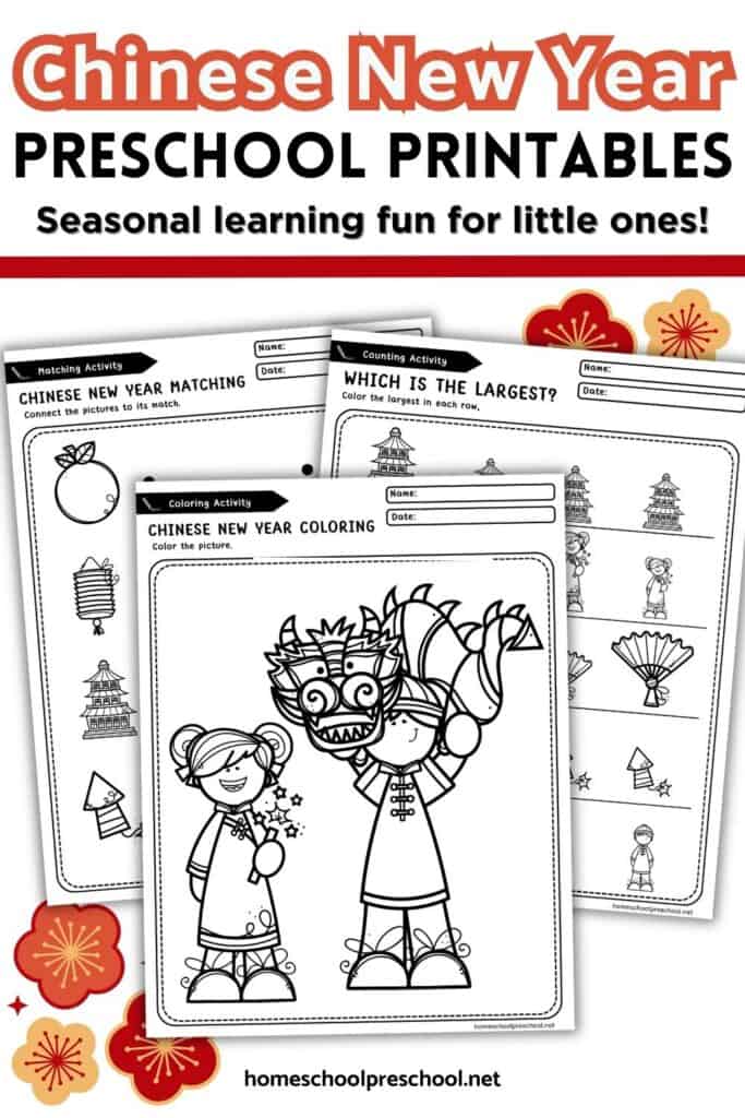 Chinese New Year preschool printables featuring matching, counting, and coloring worksheets with dragon dance scenes, designed for ages 3–5 homeschool learning fun
