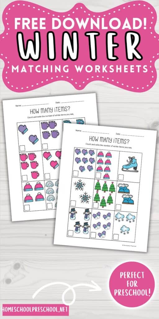 Free Winter Matching Worksheets for Preschool. Count and match winter items like mittens, mugs, hats, and snowmen. No prep, easy math practice.