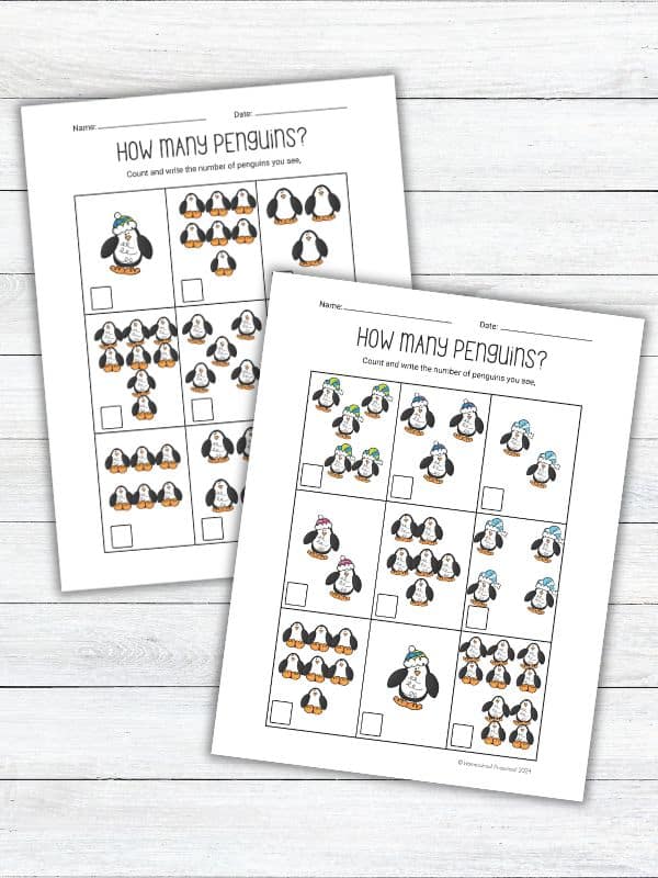 Penguin Counting Worksheets for Preschoolers