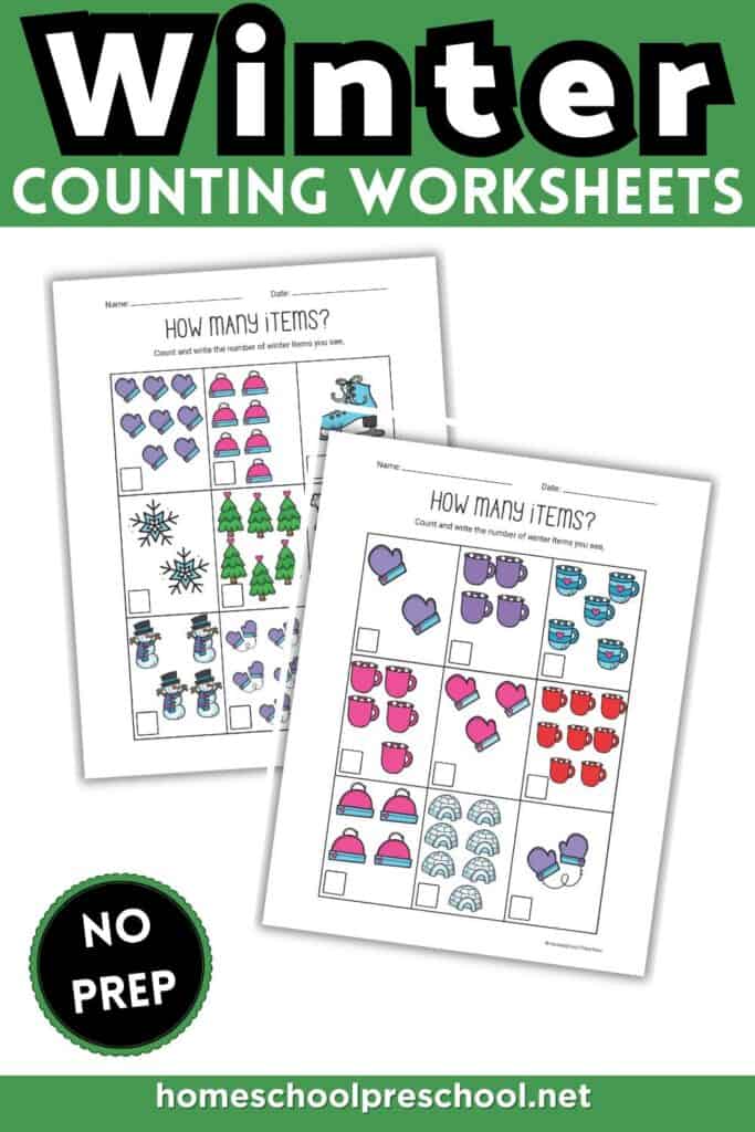 Winter Counting Worksheets cover image with two preschool pages showing winter items to count and write the number. Green header says No Prep.