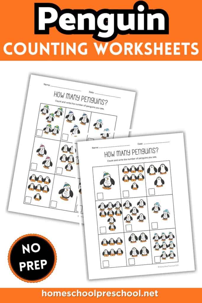 Penguin counting worksheets for preschoolers. Count the penguins and write the number you see. No prep winter math practice for ages 3 to 5.