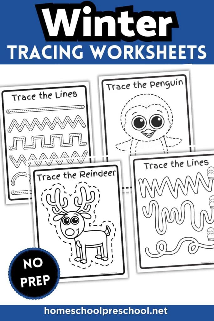 Easy winter tracing worksheets for preschoolers. Low-prep pages to build pencil control and fine motor skills. Just print and start.