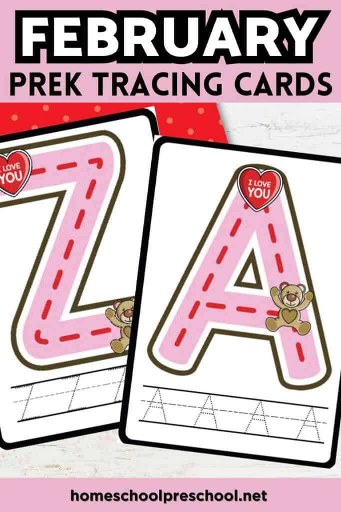 February preschool letter tracing cards featuring pink Valentine-themed uppercase letters A and Z with dashed tracing lines for pre-K handwriting practice.