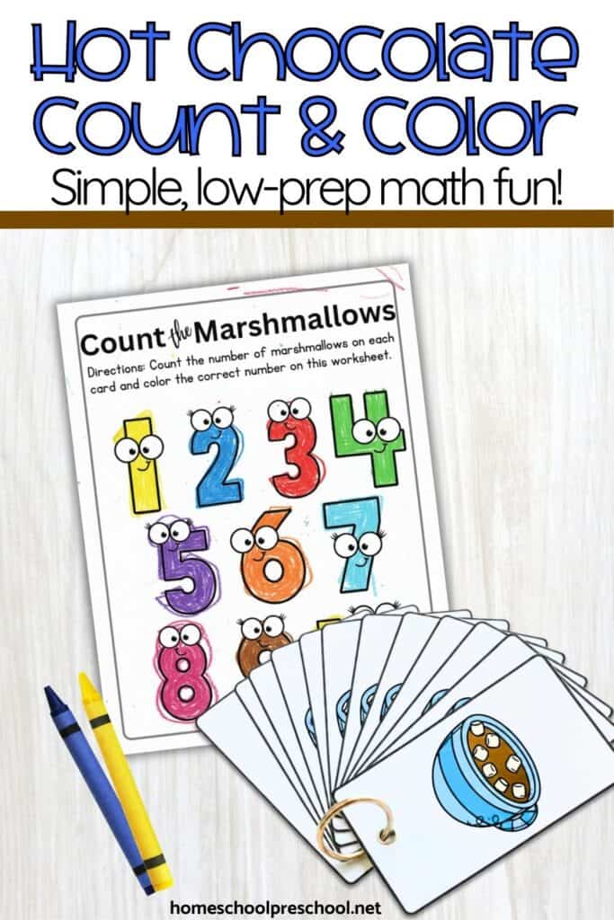 Hot Chocolate Count and Color preschool math printable with marshmallow counting cards, number coloring page, and crayons on a white table.