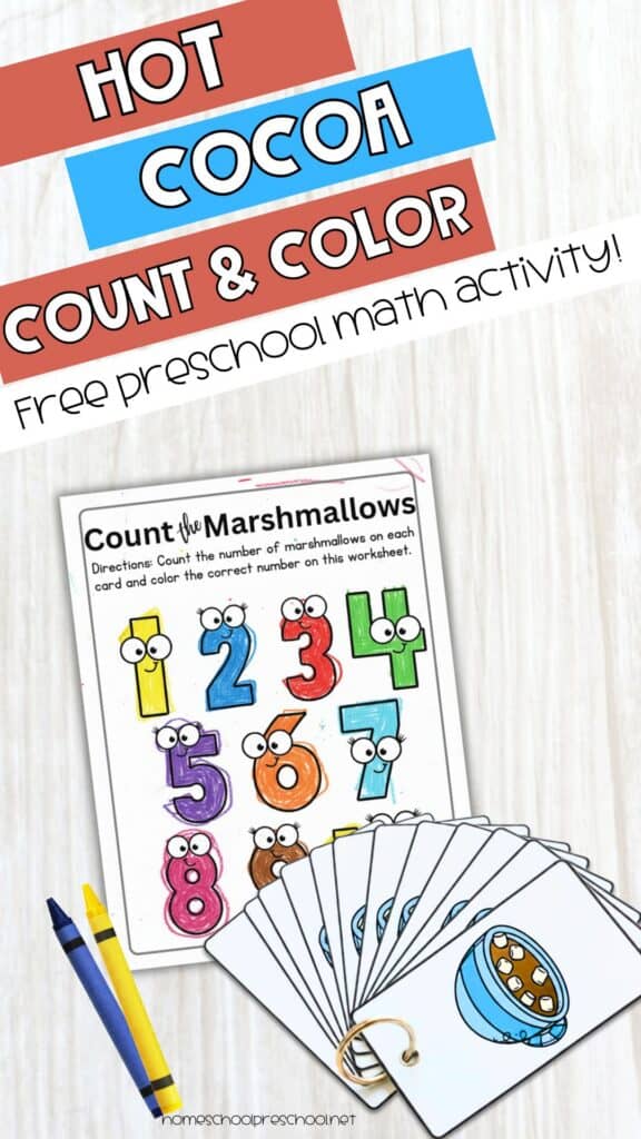 Hot cocoa count and color preschool math activity with marshmallow counting worksheet, number coloring page, ringed task cards, and crayons on table.