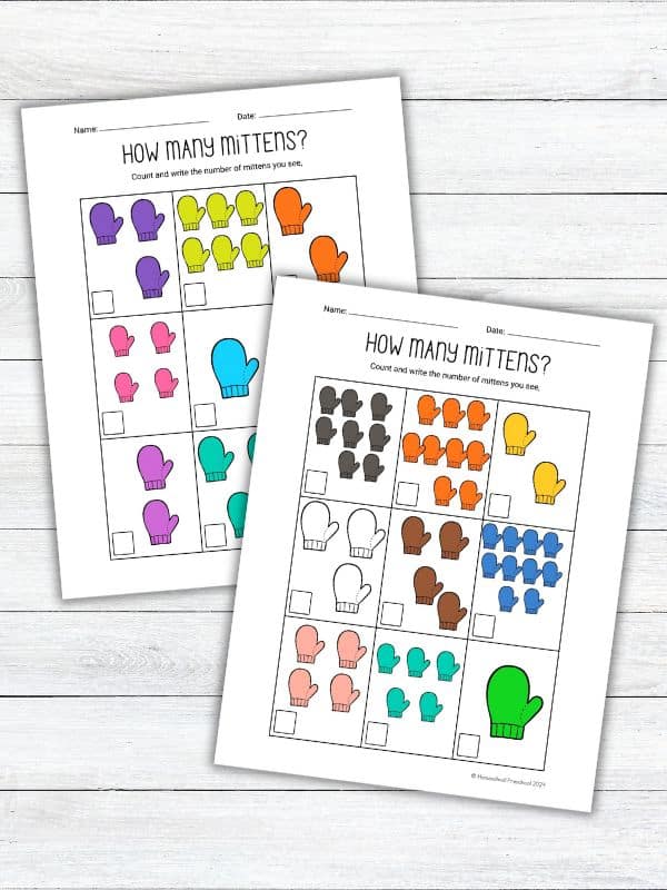 Mitten Counting Worksheets for Preschool