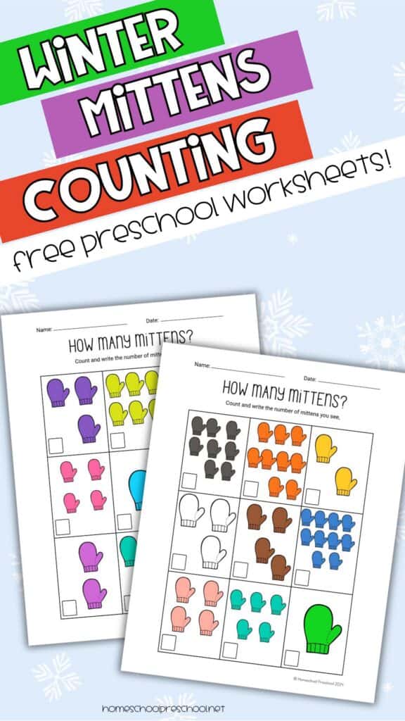 Winter mitten counting worksheets for preschool showing count-and-write pages with colorful mittens, simple number boxes, and a winter math theme.