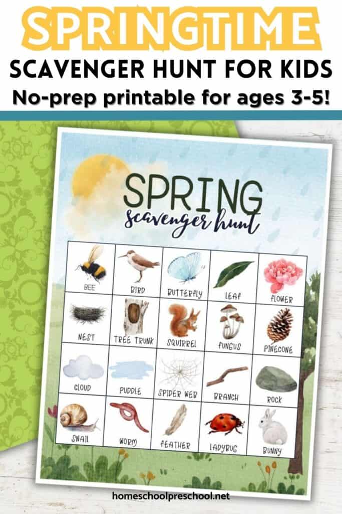 Free printable spring scavenger hunt for preschoolers with 20 picture-based items including bee, bird, butterfly, leaf, flower, puddle, ladybug, and bunny.