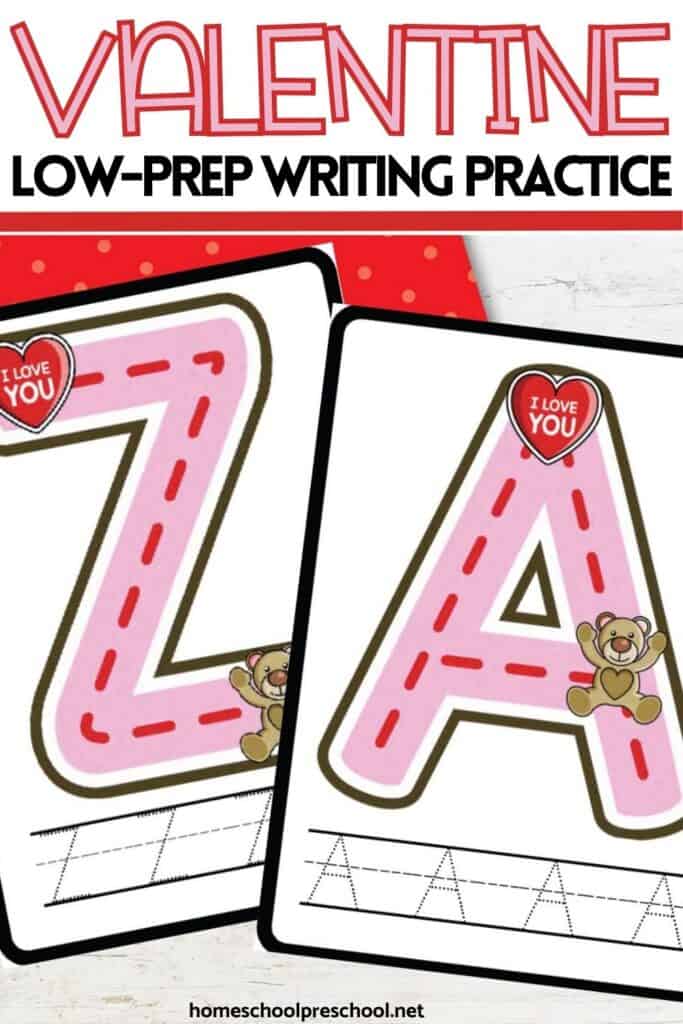 Valentine low-prep writing practice cards showing pink uppercase letters A and Z with dashed tracing lines for preschool and pre-K handwriting practice.