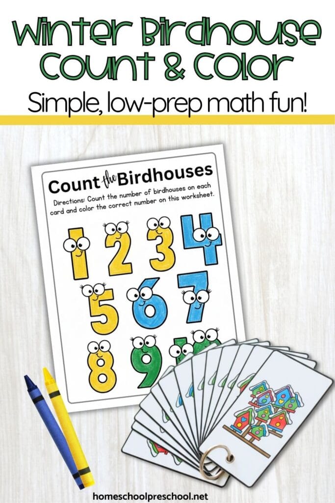 Winter birdhouse count and color printable for preschool with numbered pages, birdhouse counting cards on a ring, and crayons on a table