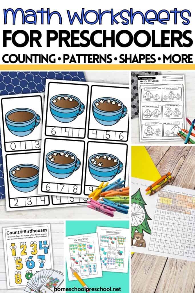 Preschool math worksheets collage featuring counting cards, number sequence pages, ten frame activities, and early addition printables.